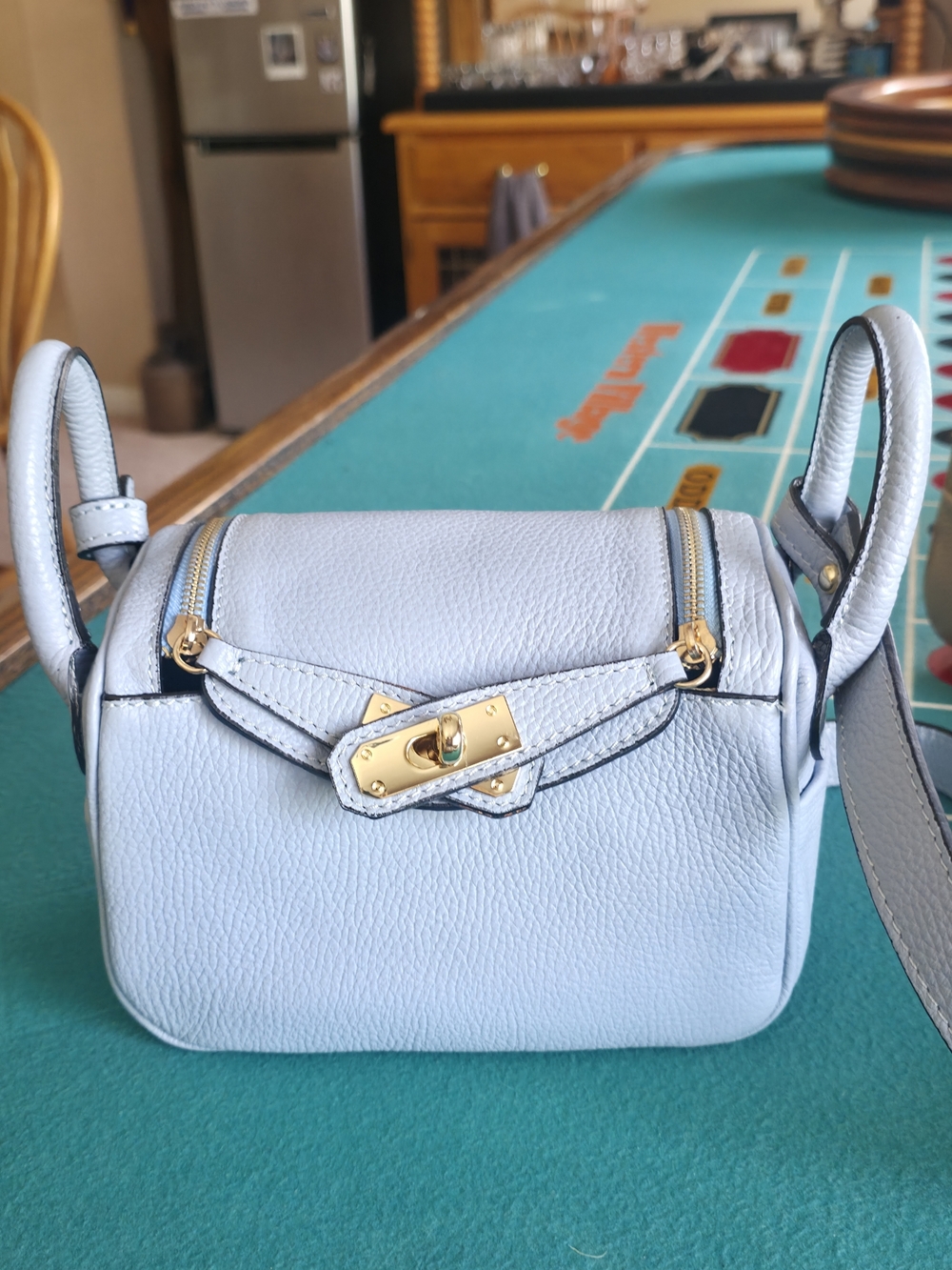 Vera Pelle Light Blue Leather Crossbody Bag with Gold Hardware